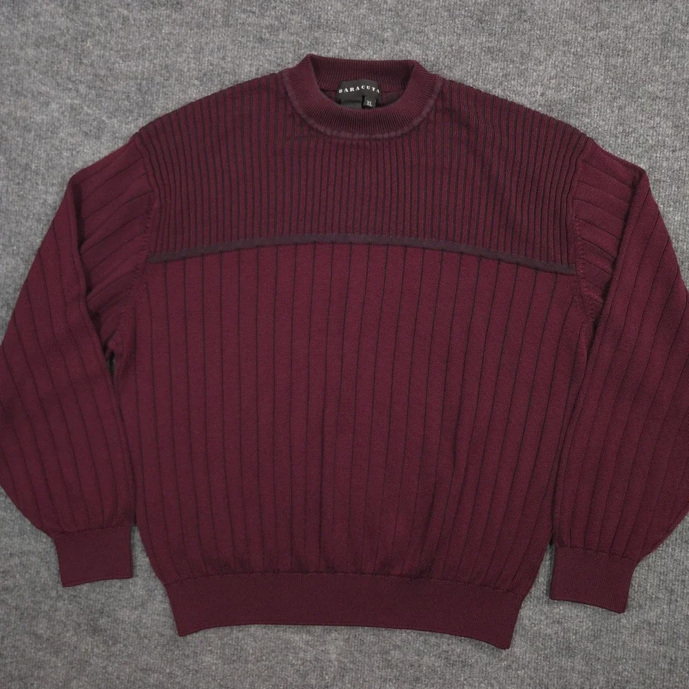 Baracuta Sweater Mens XL Burgundy Textured 3D Lightweight Thin Retro Pullover